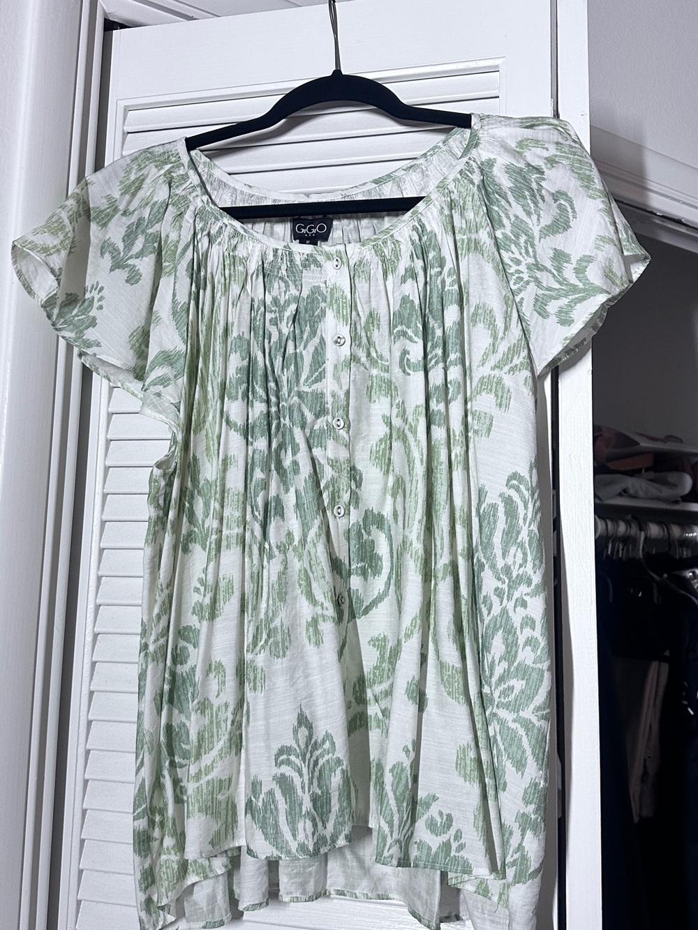 White and Sage Green Floral Button-Front Blouse